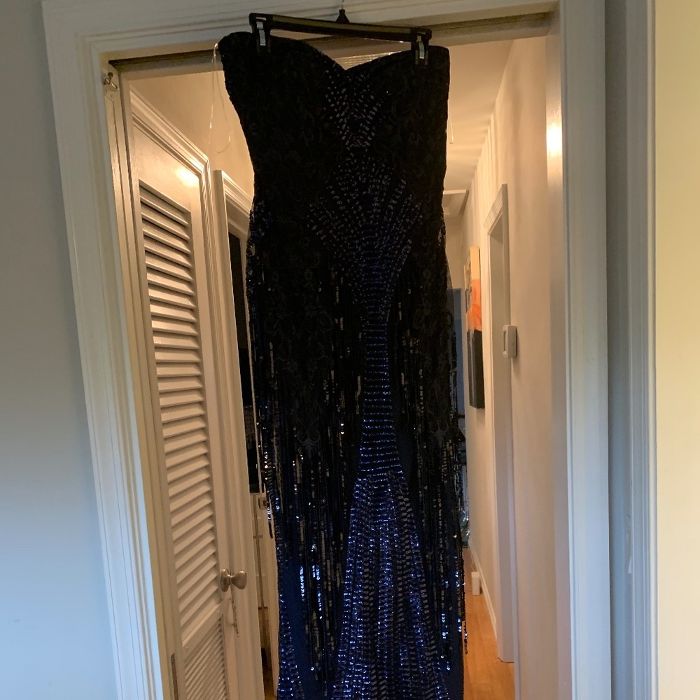 Homecoming Prom Midnight Blue Formal Gown- Shimmers with beaded tassels gorgeous